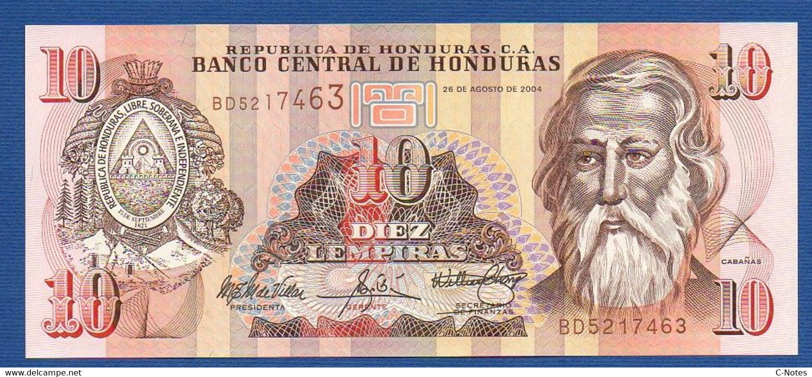 HONDURAS - P. 86c – 10 Lempiras 2004 UNC, Serie BD5217463 Printer: François-Charles Oberthur - Honduras