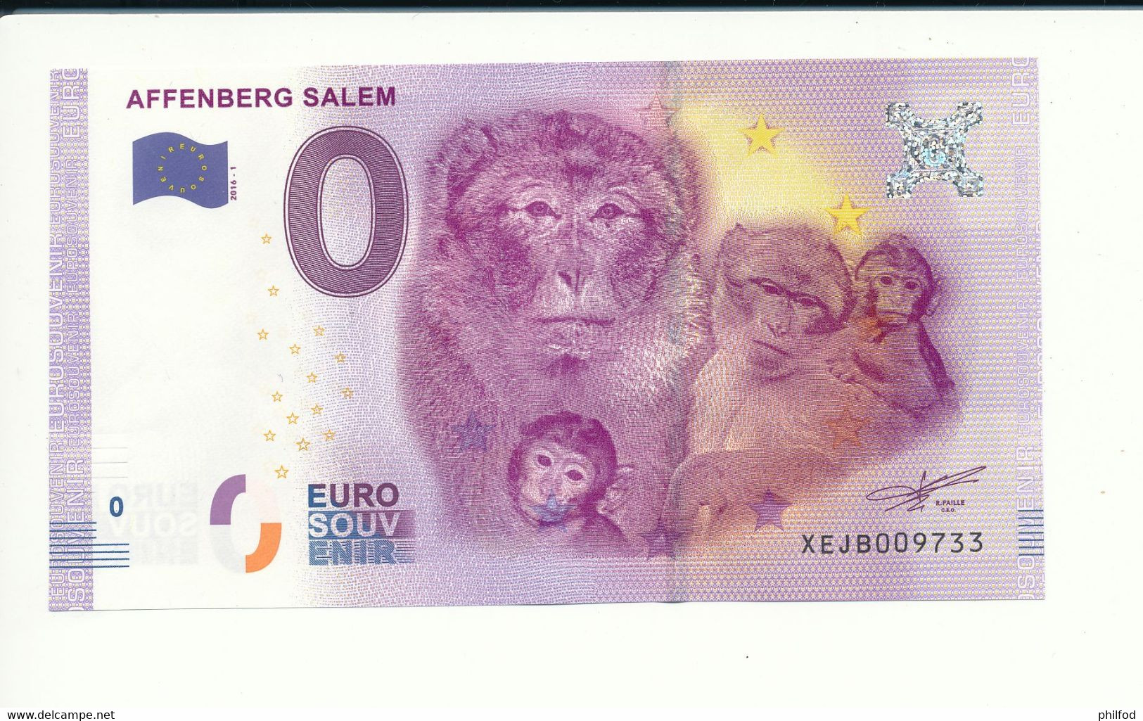 Billet Souvenir - 0 Euro - XEJB - 2016-1 - AFFENBERG SALEM - N° 9733 - Billet épuisé - Vrac - Billets