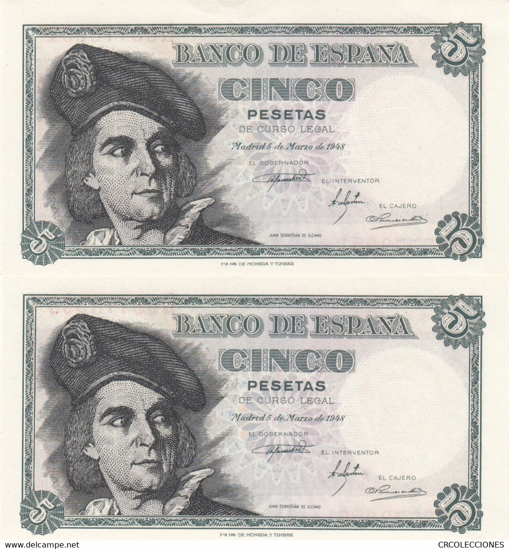 CRBS0501 PAREJA CORRELATIVA BILLETES ESPAÑA 5 PESETAS 1948 SERIE H SIN CIRCULAR - 5 Pesetas