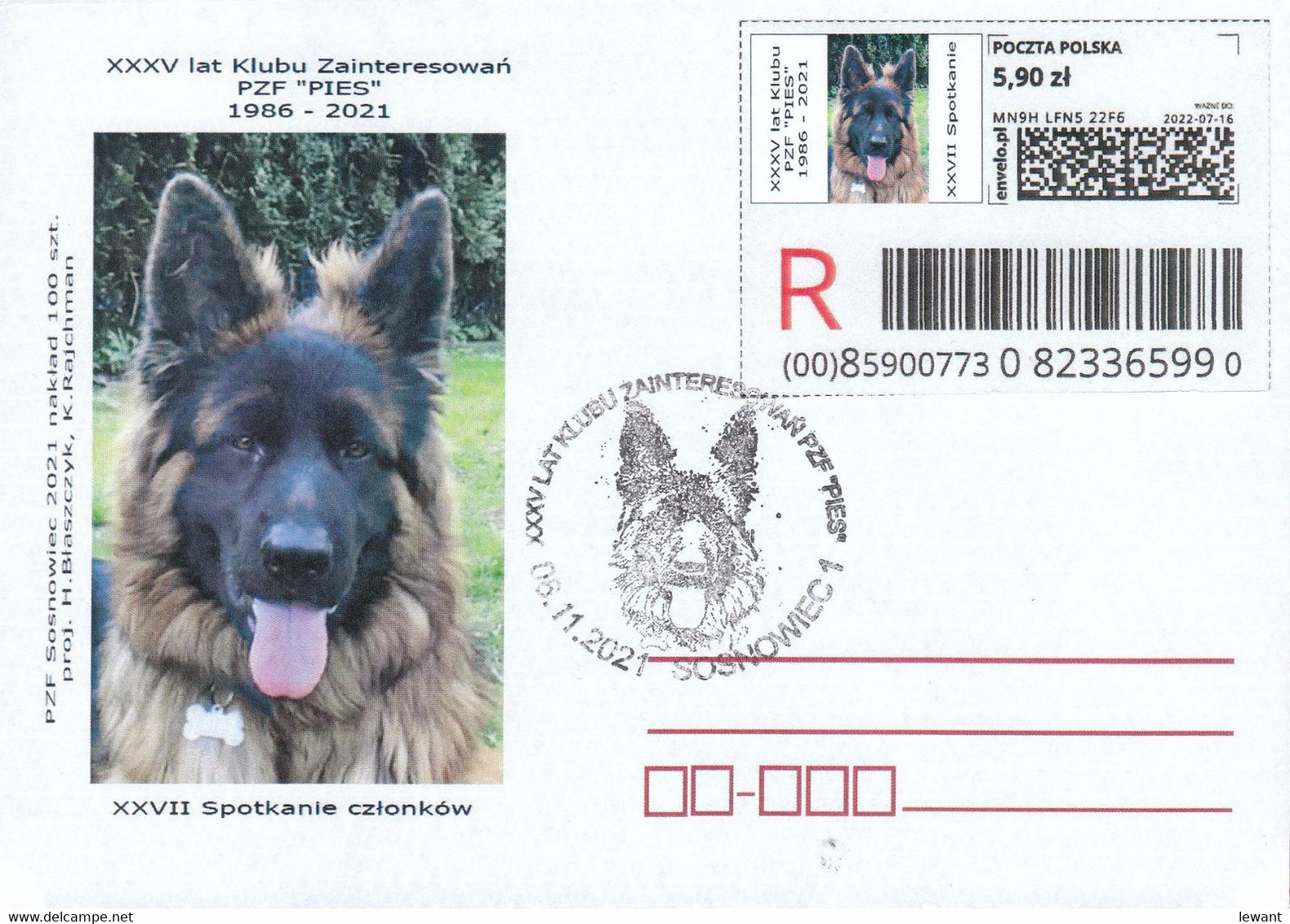 2021.11.06. Dog - Envelo Stamp R Sosnowiec - Special Postmark - POWA - Briefe U. Dokumente