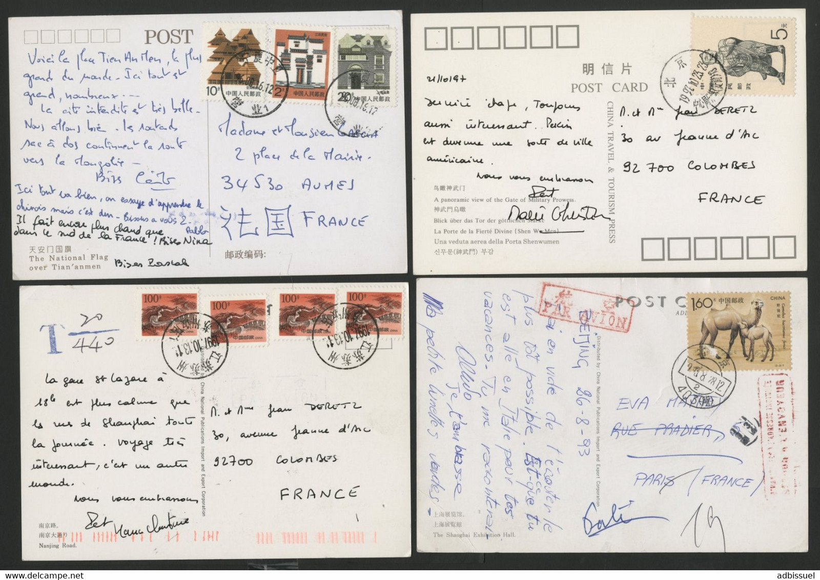 1990 - 99 CHINA Set Of 4 Postcards That Travelled By Airmail To France - Lettres & Documents