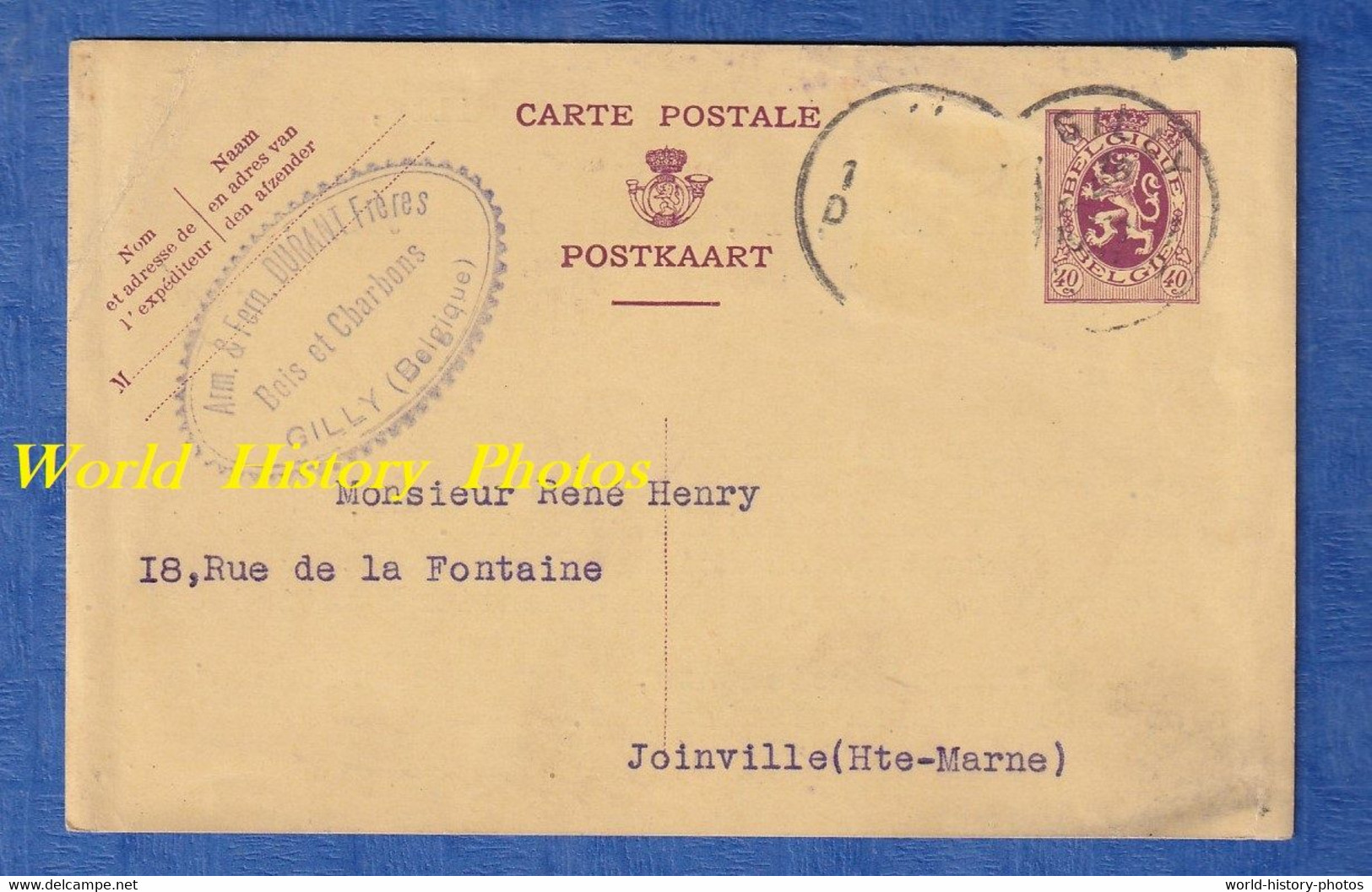 CPA Commerciale - GILLY P. CHARLEROI - Cachet Arm. & Fern. DURANT Frères Bois & Charbon - 1931 - RARE - Charleroi