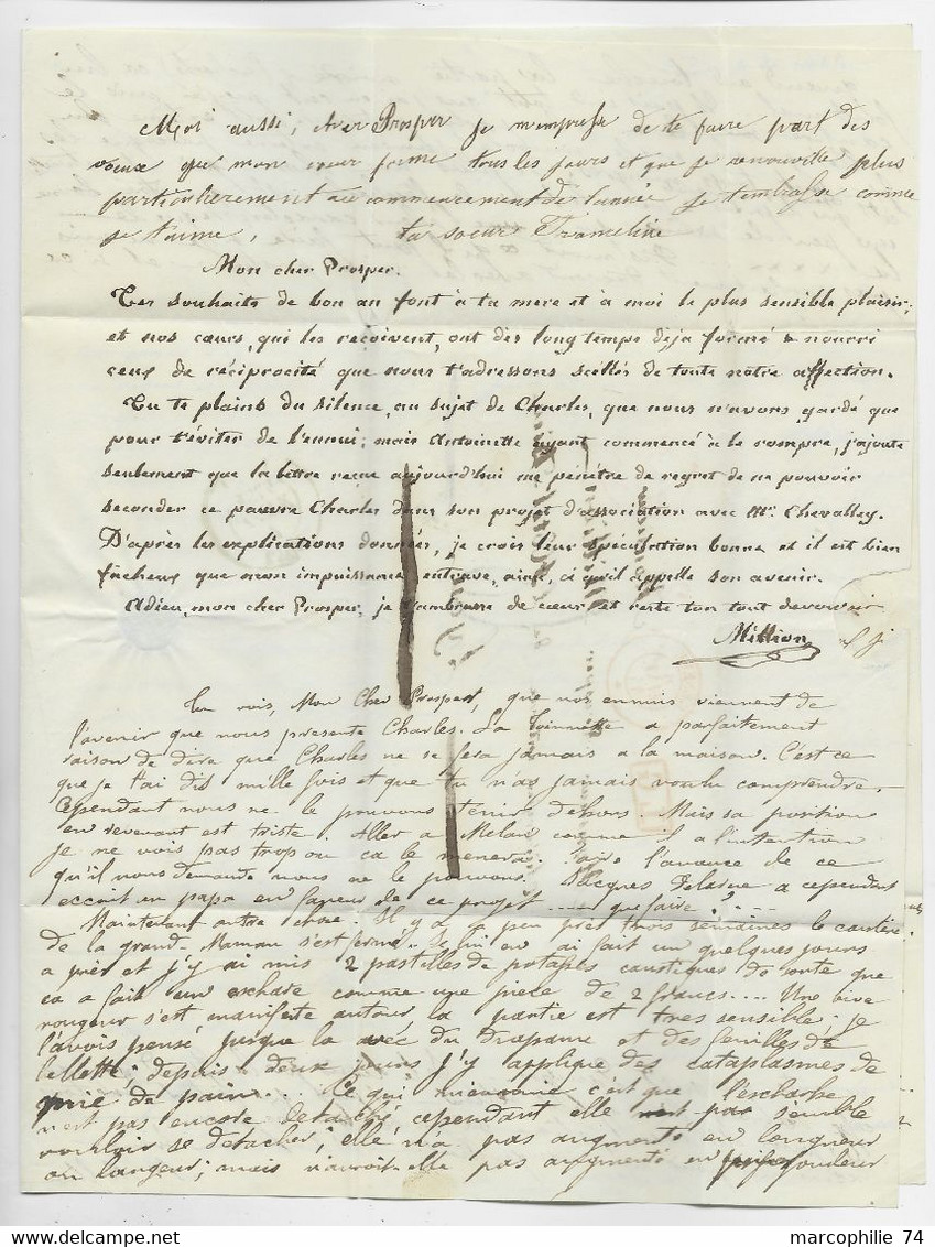 HELVETIA SUISSE CACHET ROUGE GENEVE 6 JANV 1844 LETTRE COVER + LG + 2 POUR LYON TAXE TAMPON 6 - Brieven En Documenten