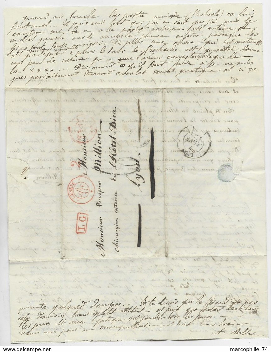 HELVETIA SUISSE CACHET ROUGE GENEVE 6 JANV 1844 LETTRE COVER + LG + 2 POUR LYON TAXE TAMPON 6 - Covers & Documents