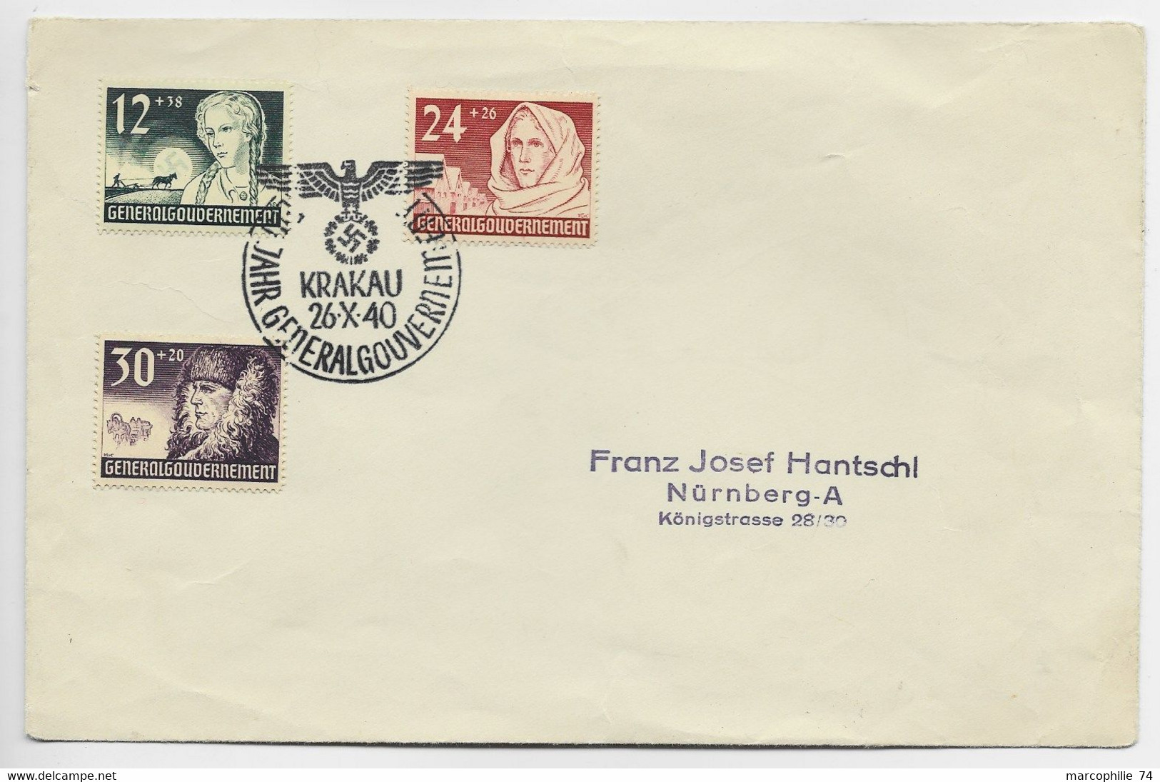 GENERAL GOUVERNEMENT POLAND POLSKA SURTAXE 12C+24C+30C LETTRE COVER BRIEF KRAKAU 26.X.1940 TO GERMANY - General Government