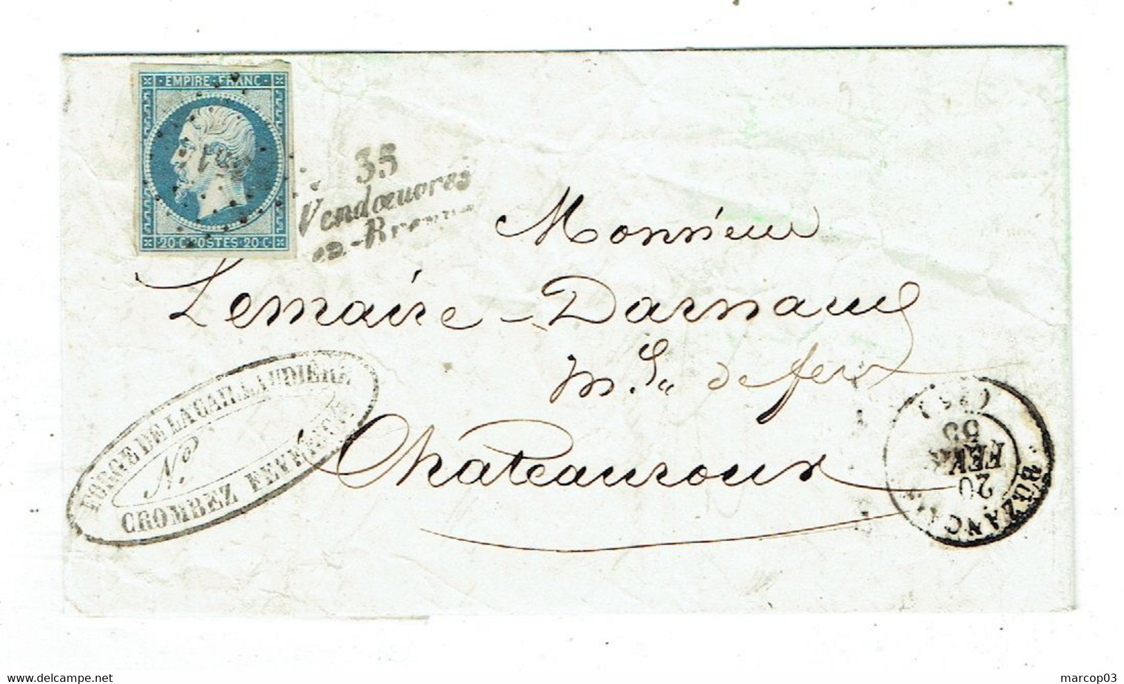 36 INDRE VENDOEUVRES EN BRENNE LAC Cursive 35/Vendoeuvre En Brenne PC 3514 Sur N°14 Margé Tad 15 Buzancais 20/02/1855 TB - 1849-1876: Klassieke Periode