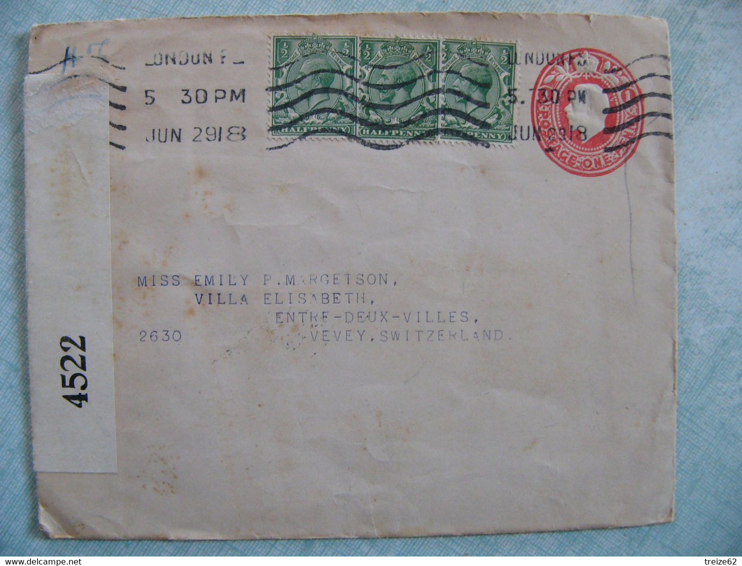 1918 Enveloppe Timbrée Londres London Pour Miss Emily P. Margetson Entre Deux Villes Vevey Suisse Ouvert Par La Censure - Varietà, Errori & Curiosità