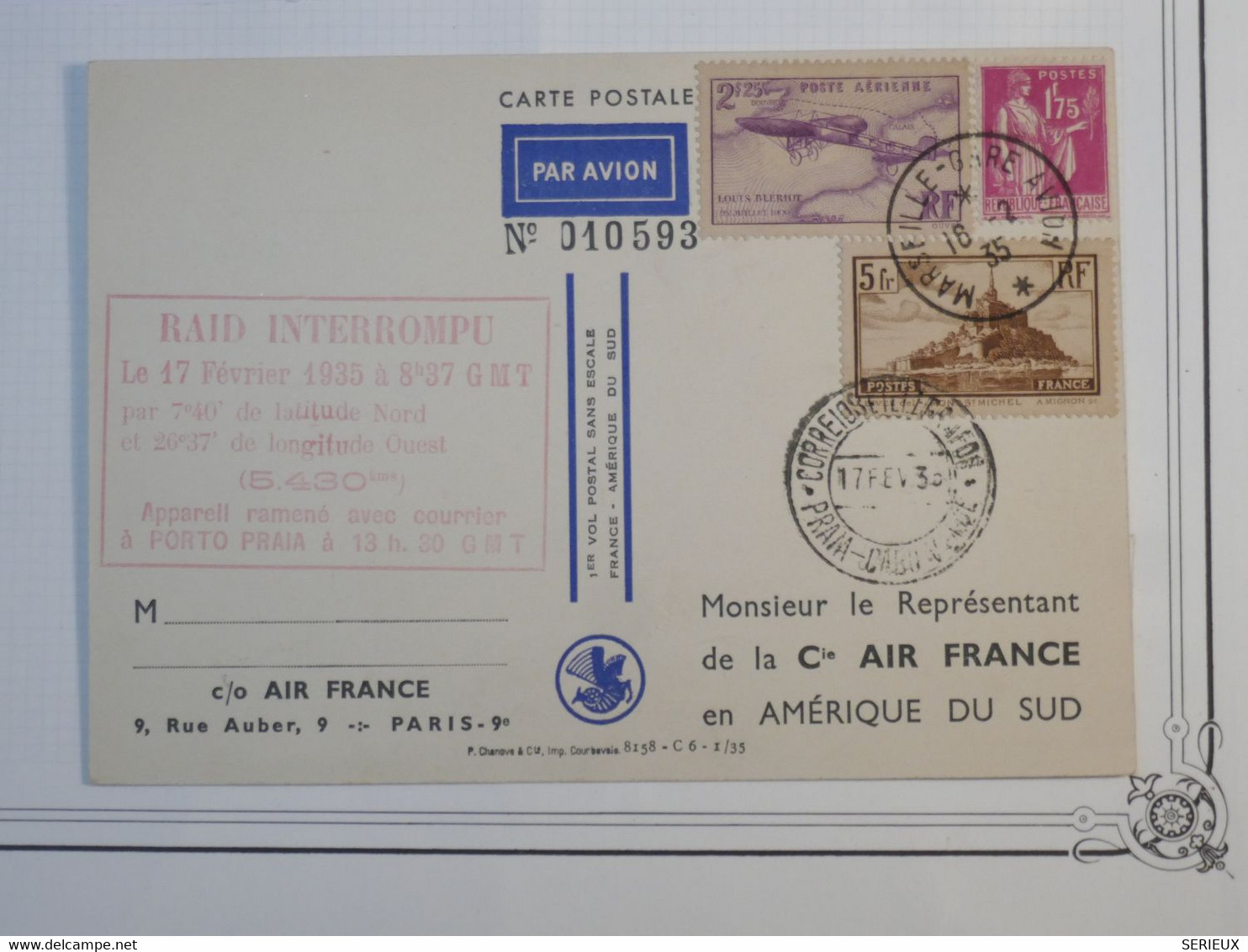 BG14 FRANCE  BELLE CARTE RAID INTERROMPU   1935 MARSEILLE V.  AMERIQUE DU SUD  +AFFRANCH. PLAISANT - 1927-1959 Lettres & Documents