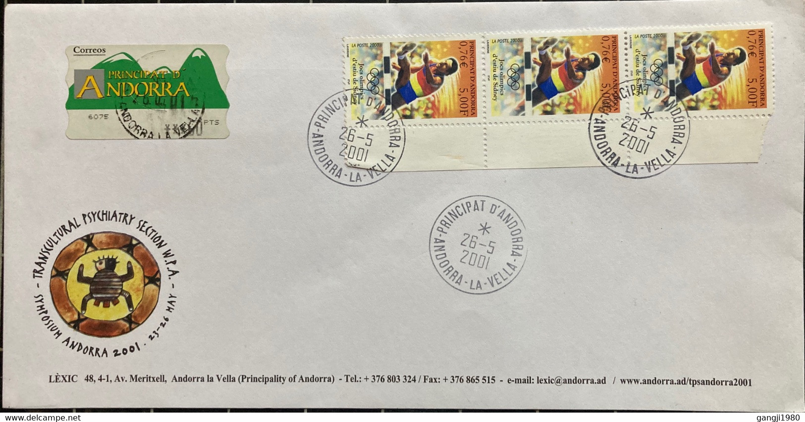 ANDORRA 2001,TRANSCULTURAL PSYCHOLOGY,ILLUSTRATED USED COVER,SPORT,GAME,SYDNEY OLYMPIC 2000,HIGH JUMP STRIP 3 STAMP USE - Briefe U. Dokumente