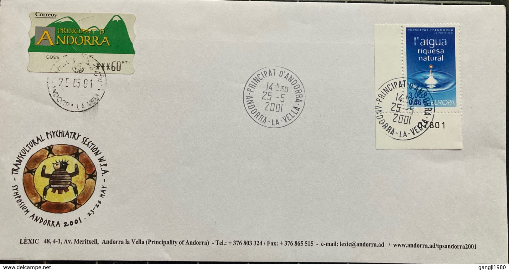 ANDORRA 2001,TRANSCULTURAL PSYCHOLOGY,ILLUSTRATED SPECIAL USED COVER, EUROPA,NAIGUA RIQUESA NATURAL, STAMP PLATET NUMBER - Lettres & Documents
