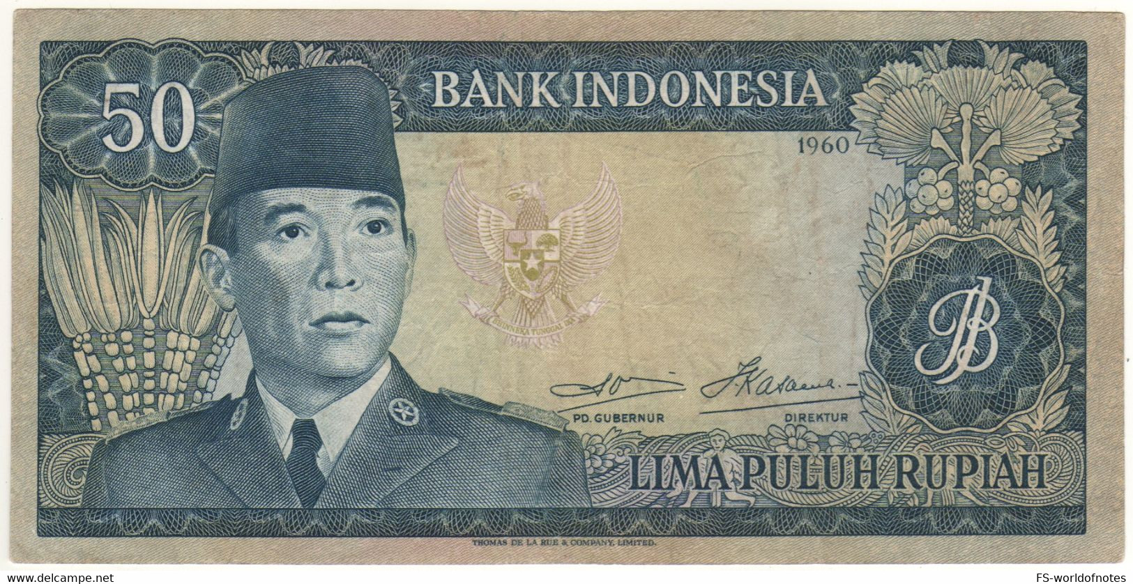 INDONESIA  50 Rupiah    " Sukarno At Left  -  Dancer At Back "    P85a (Thomas De La Rue   ( 1960 ) - Indonésie