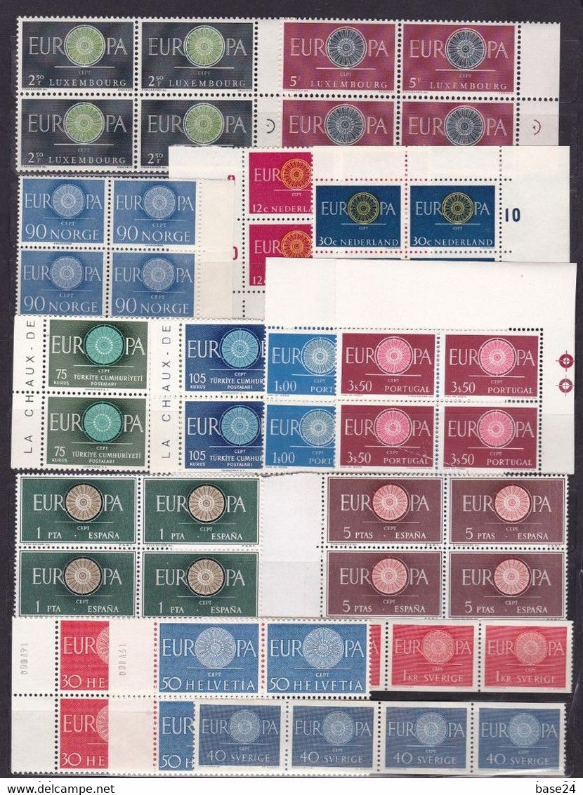 1960 EUROPA CEPT EUROPE  ANNATA In Quartina Block Of 4 YEAR 20 Paesi (36 Valori) MNH** RUOTA - WHEEL - Volledig Jaar