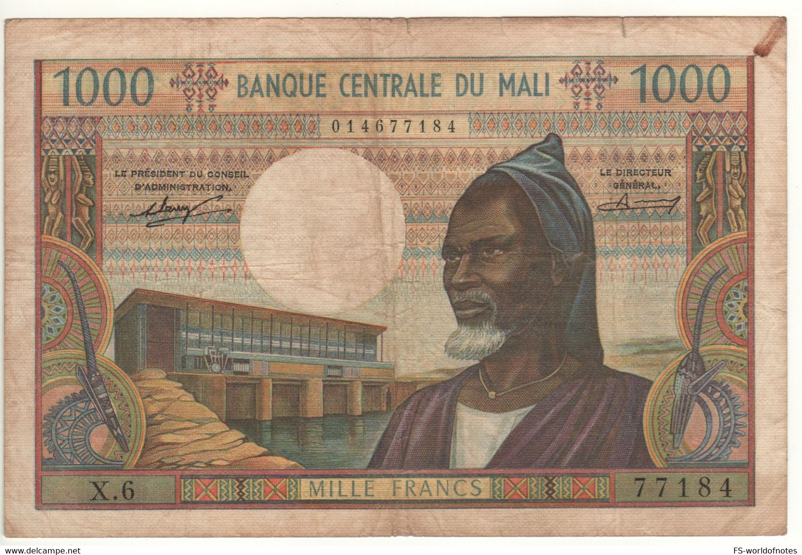 MALI   1'000 Francs    P13a  (ND 1970)   " Man+ Dam Hydropower Plant At Front - Mountain Village At Back " - Malí