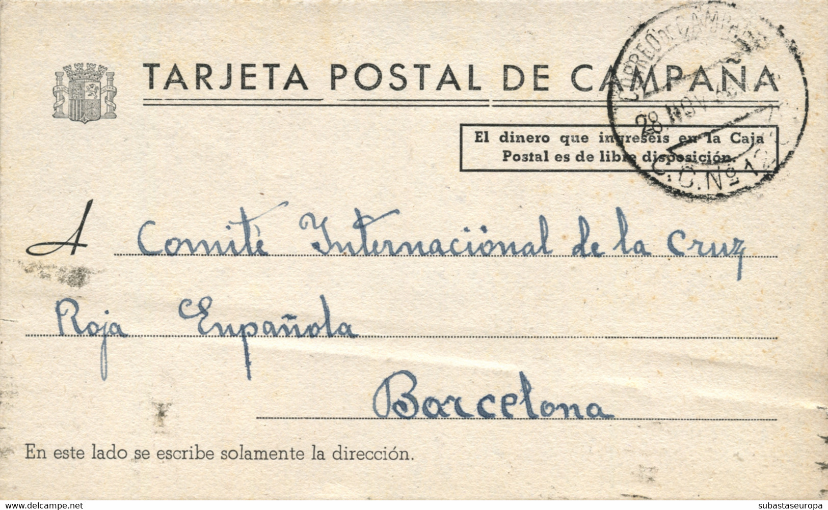 Tarjeta Postal De Campaña Dirigida Al Comité Internacional De La Cruz Roja De Barcelona, Desde Base Turia 3 - Republikanische Zensur