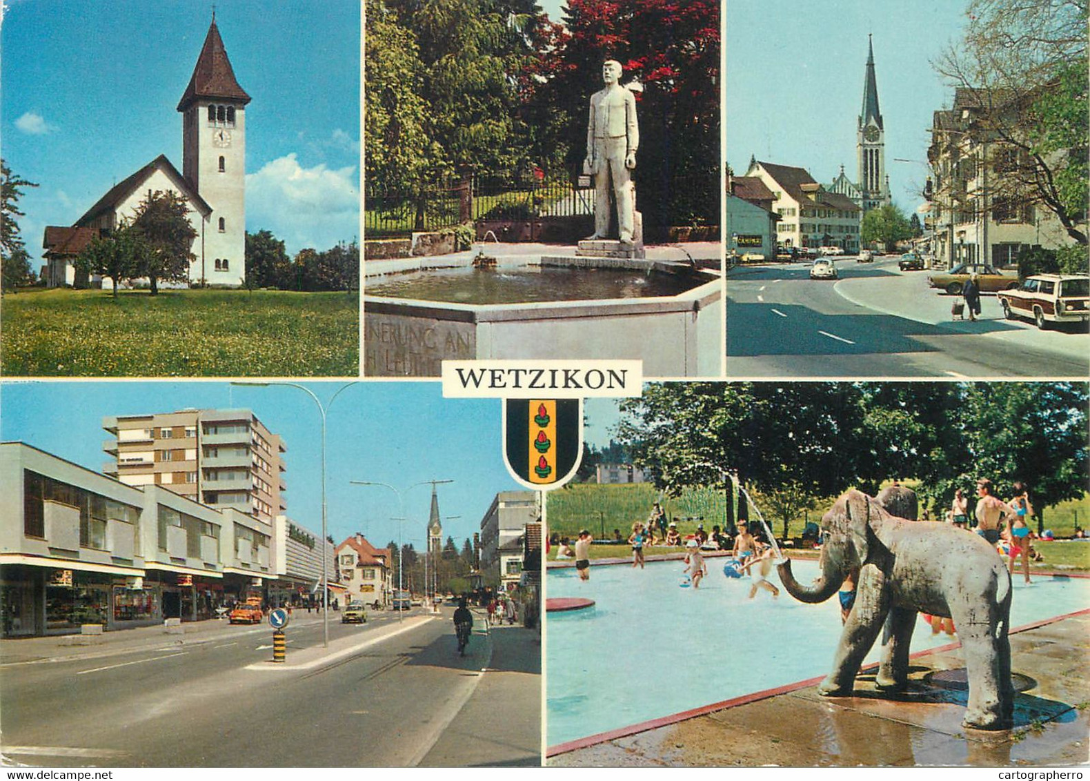 Switzerland Postcard Wetzikon 1983 Multi View Elephant Fountain Church - Wetzikon