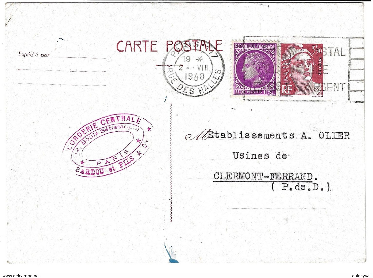 PARIS 117 Rue Des Halles Entier 3,50 F Gandon Yv 716B- TP1 Complément 1,50 F Mazelin Yv 679 Ob 1948 Texte Commercial - Cartes Postales Types Et TSC (avant 1995)