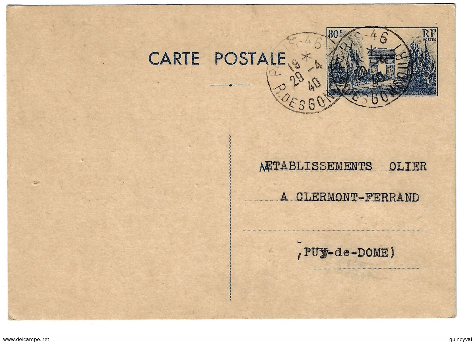 PARIS 46 Carte Postale Entier 80c Défilé 11 Novembre Yv 403-CP2 Ob 1940 Correspondance Commerciale VERSO - Standard Postcards & Stamped On Demand (before 1995)
