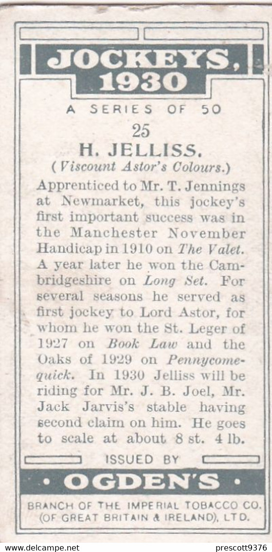 Jockeys 1930 - 25 H Jelliss - Ogdens  Cigarette Card - Original - Sport - Horses - Ogden's