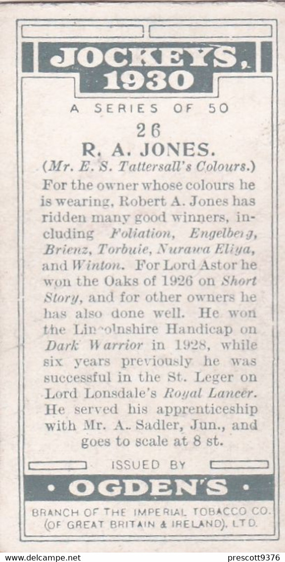 Jockeys 1930 - 26 RA Jones - Ogdens  Cigarette Card - Original - Sport - Horses - Ogden's