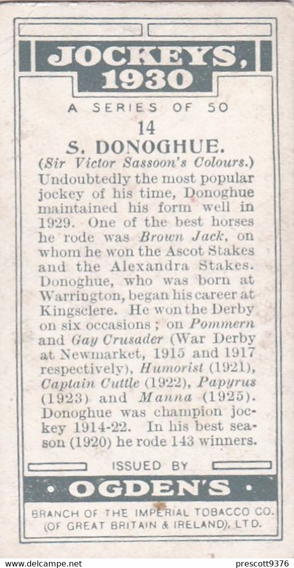 Jockeys 1930 - 14 Steve Donohue - Ogdens  Cigarette Card - Original - Sport - Horses - Ogden's