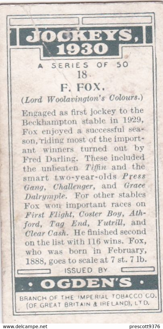 Jockeys 1930 - 18 F Fox - Ogdens  Cigarette Card - Original - Sport - Horses - Ogden's