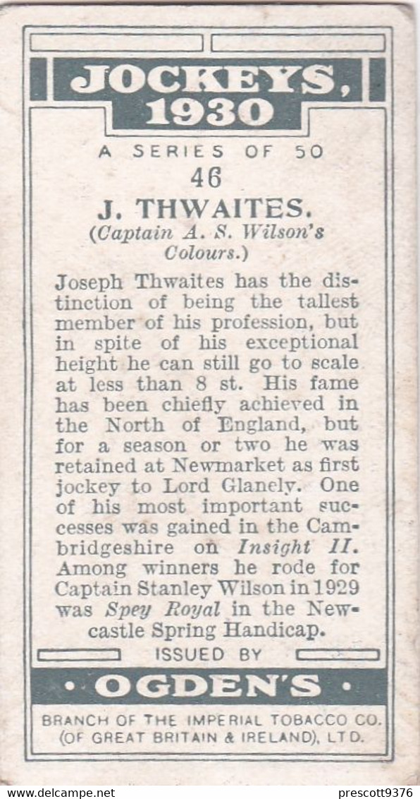 Jockeys 1930 - 46 J Thwaites - Ogdens  Cigarette Card - Original - Sport - Horses - Ogden's