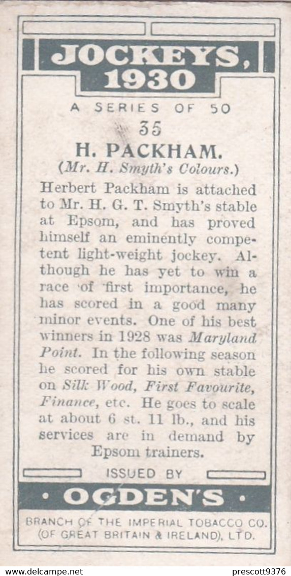 Jockeys 1930 - 35 H Packham  - Ogdens  Cigarette Card - Original - Sport - Horses - Ogden's