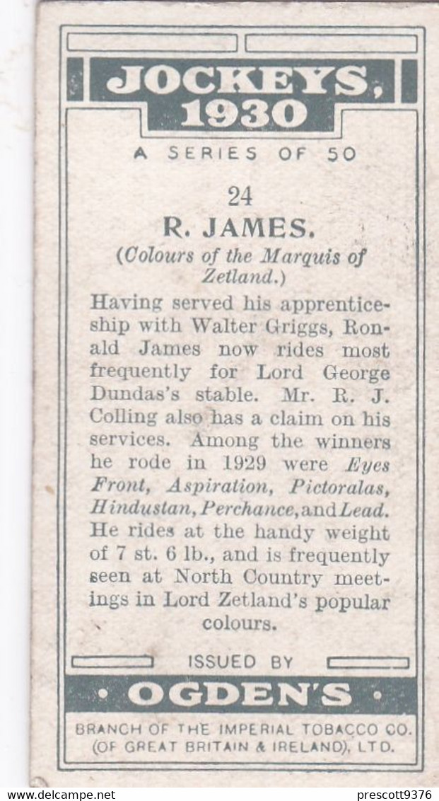 Jockeys 1930 - 24 R James  - Ogdens  Cigarette Card - Original - Sport - Horses - Ogden's
