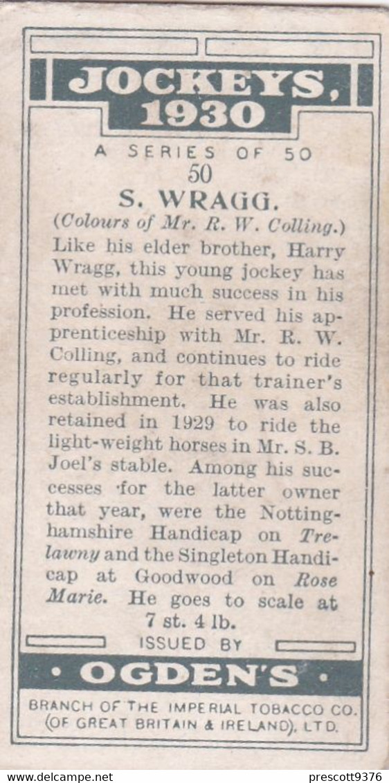 Jockeys 1930 - 50 S Wragg  - Ogdens  Cigarette Card - Original - Sport - Horses - Ogden's