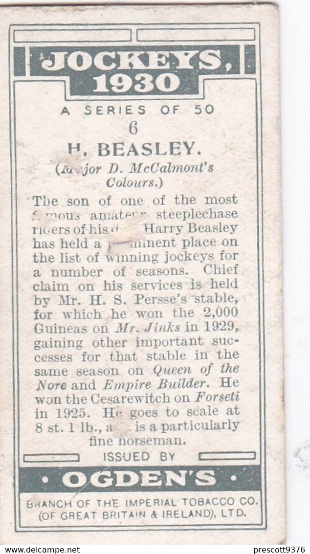 Jockeys 1930 - 6 H Beasley  - Ogdens  Cigarette Card - Original - Sport - Horses - Ogden's