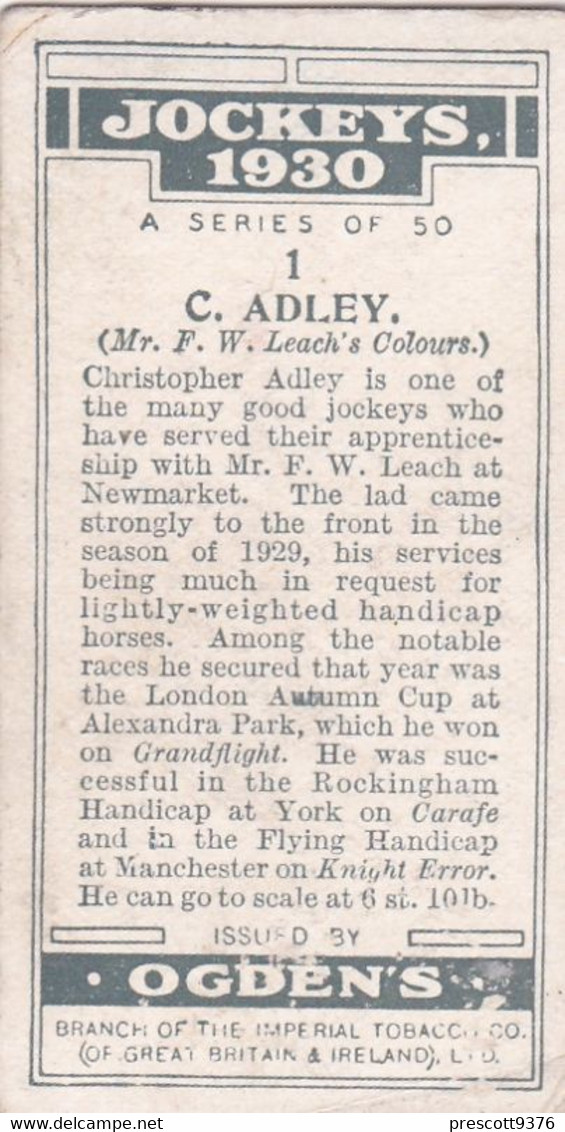 Jockeys 1930 - 1 C Adley  - Ogdens  Cigarette Card - Original - Sport - Horses - Ogden's