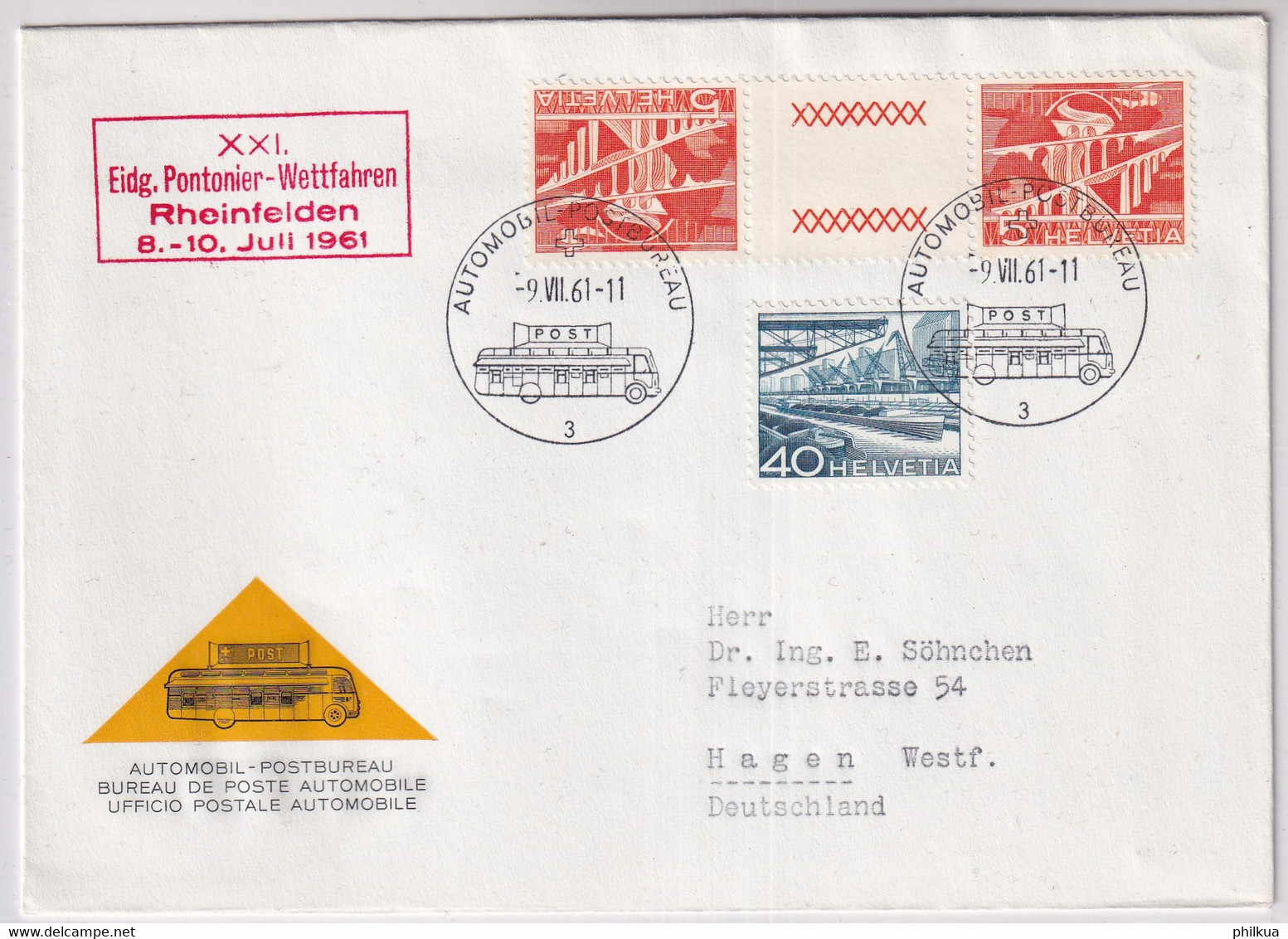 Schweiz - S60 / Michel KZ17D - Auf Brief Mit Sonderstempel Eidg. Pontonier-Wettfahren RHEINFELDEN Gel. Nach HAGEN DE - Tête-bêche