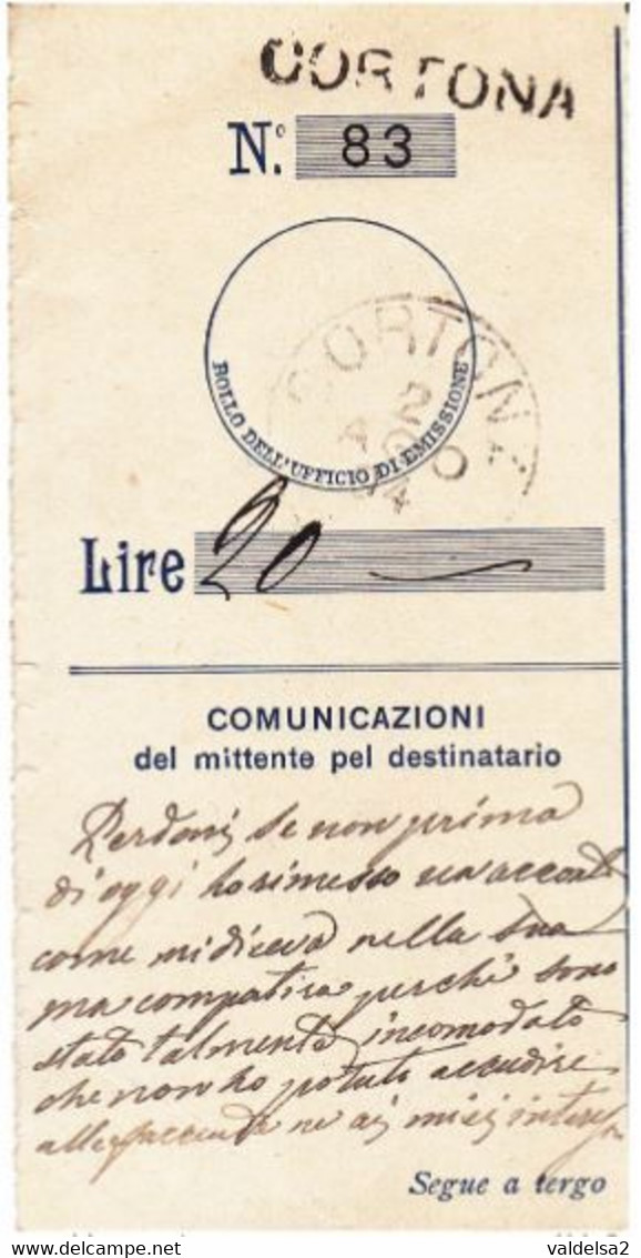 CORTONA - AREZZO - RICEVUTA DI VAGLIA POSTALE PER LIRE 20 - ANNULLO LINEARE + TONDO GRANDE DEL 2/AGO/1904 - RARO - Arezzo