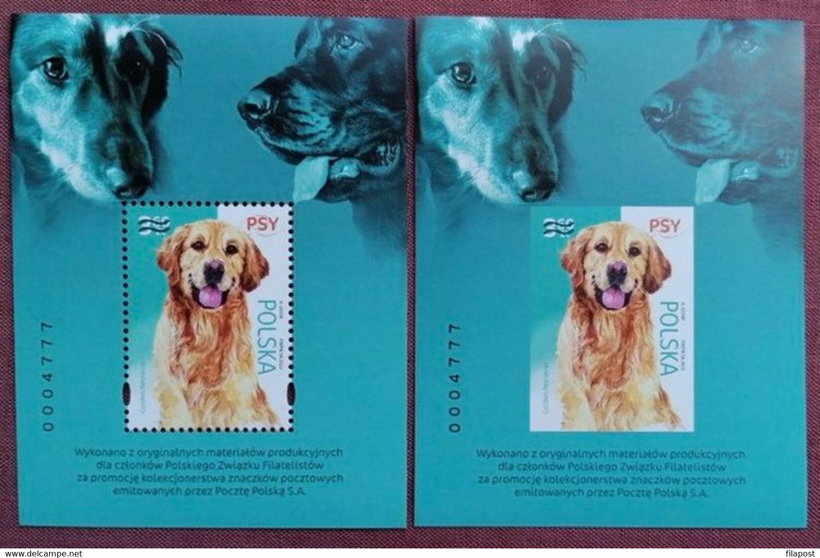 Poland 2022 / Dogs - Golden Retriever, Setter, Dachshund / Set Of 2 Blocks - Imperforated And Perforated MNH** New!!! - Ganze Bögen