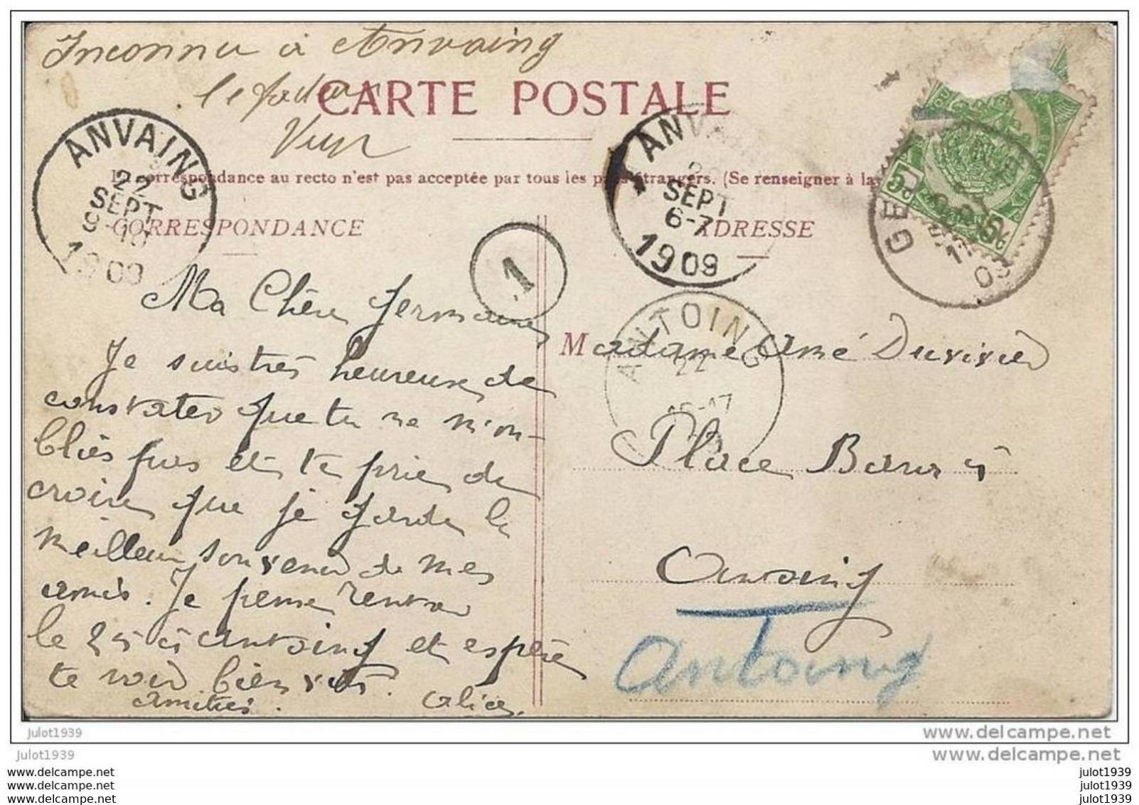 HOUDREMONT ..--  Rue Du Centre . 1909 Vers ANTOING ( Mme Germaine DUVIVIER ) . Voir Verso . - Gedinne