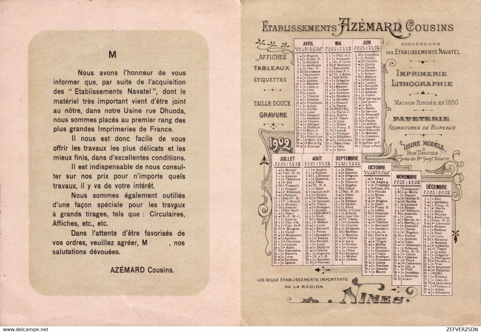 30 NIMES ART NOUVEAU GARD IMPRIMERIE PUBLICITE AZEMARD 1902 - Kleinformat : ...-1900