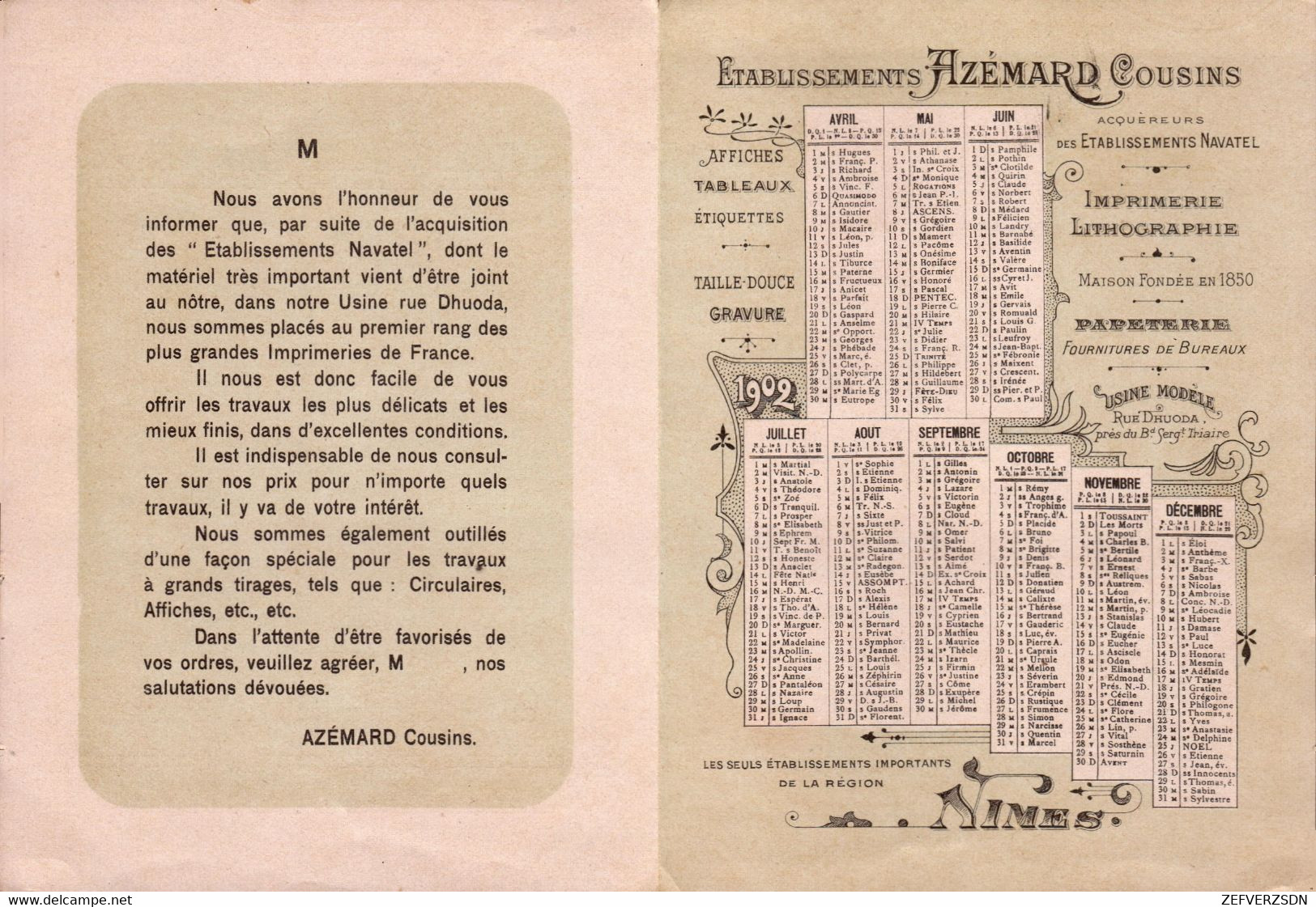 30 NIMES ART NOUVEAU GARD IMPRIMERIE PUBLICITE AZEMARD 1902 - Tamaño Pequeño : ...-1900