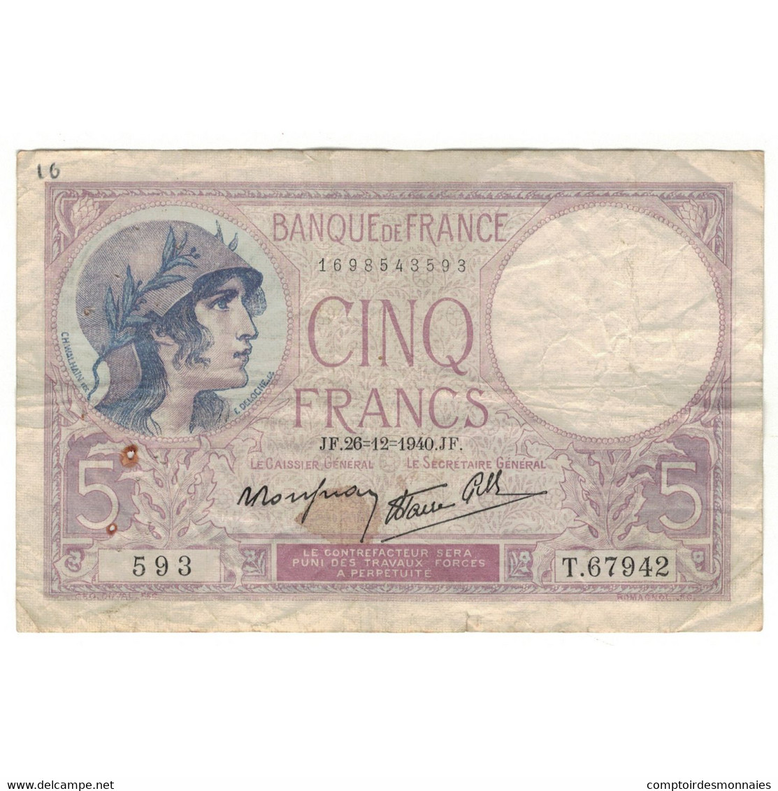 France, 5 Francs, Violet, 1940, T.67942, TB, Fayette:04.18, KM:83 - 5 F 1917-1940 ''Violet''