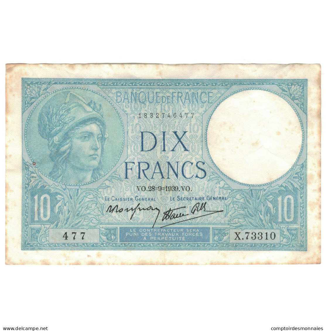 France, 10 Francs, Minerve, 1939, X.73310, TTB, Fayette:7.9, KM:84 - 10 F 1916-1942 ''Minerve''