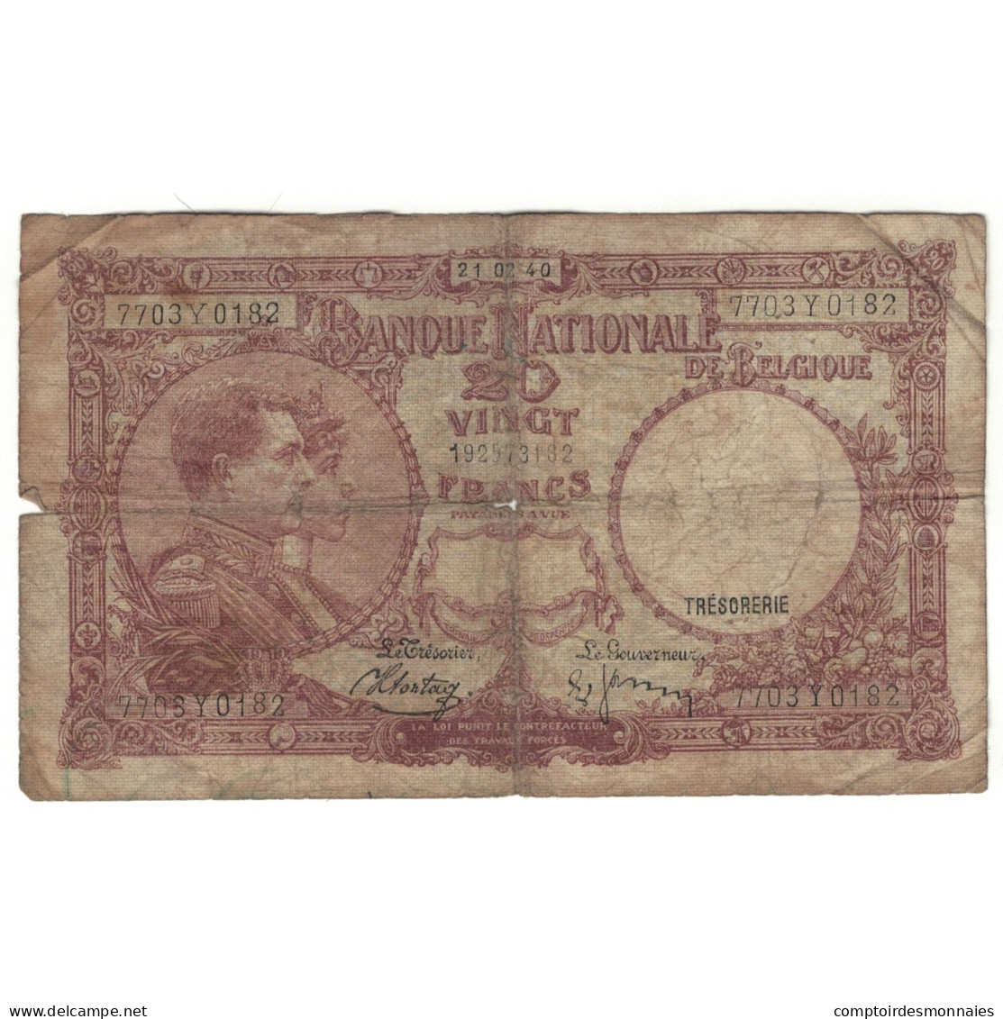 Billet, Belgique, 20 Francs, 1940, 1940-02-21, KM:111, AB - 20 Francs