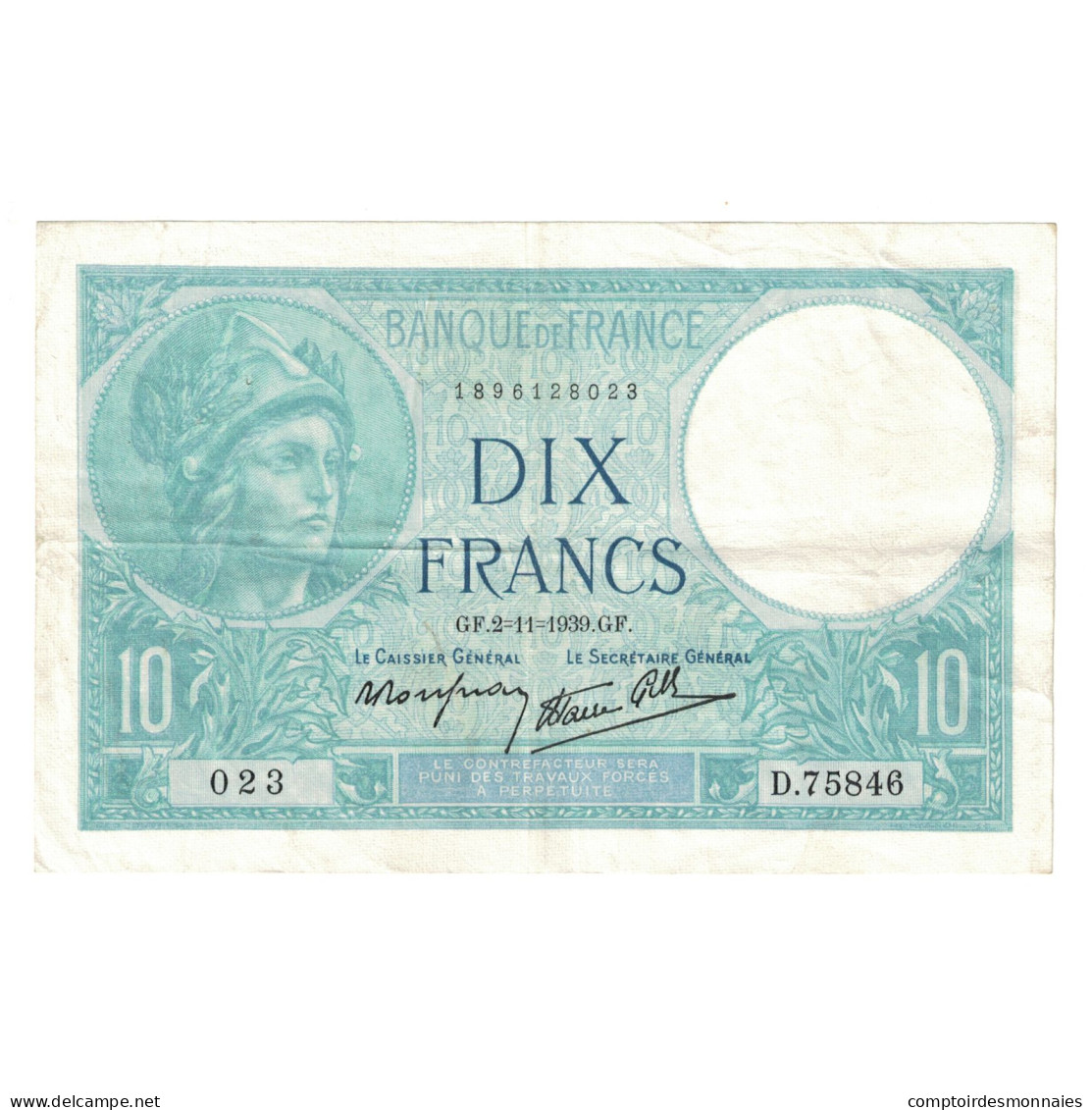 France, 10 Francs, Minerve, 1939, D.75846, TTB+, Fayette:7.14, KM:84 - 10 F 1916-1942 ''Minerve''