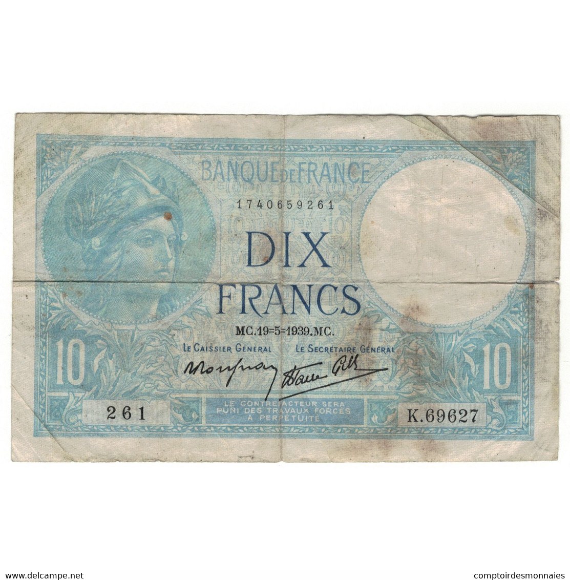 France, 10 Francs, K.69627, B, Fayette:7.3, KM:84 - 10 F 1916-1942 ''Minerve''