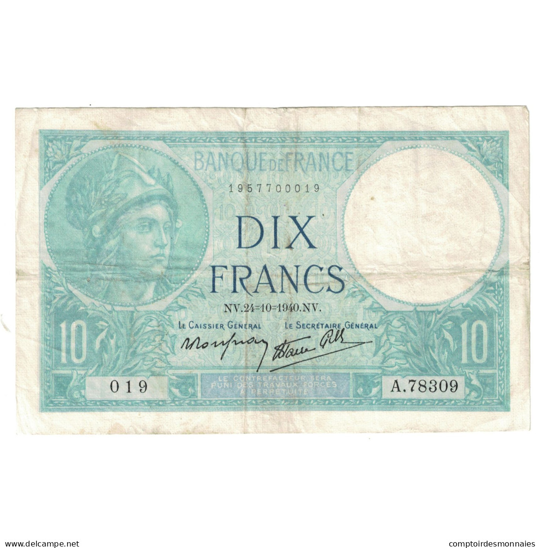 France, 10 Francs, Minerve, 1940, A.78309, TTB, Fayette:7.18, KM:84 - 10 F 1916-1942 ''Minerve''