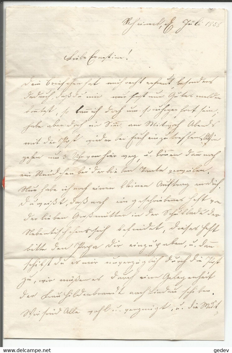 Petite Lettre Suisse, Timbre 5 Ct Non Dentelé, Rheineck SG - Teufen AR (5.7.1858) Format 19-13 - Cartas & Documentos