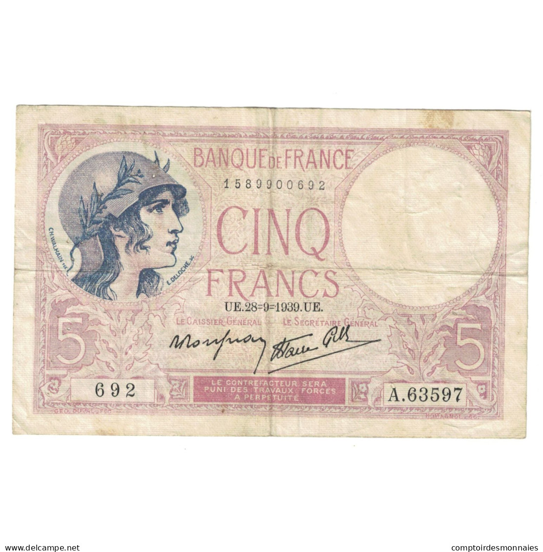 France, 5 Francs, Violet, 1939, A.63597, TB+, Fayette:4.10, KM:83 - 5 F 1917-1940 ''Violet''