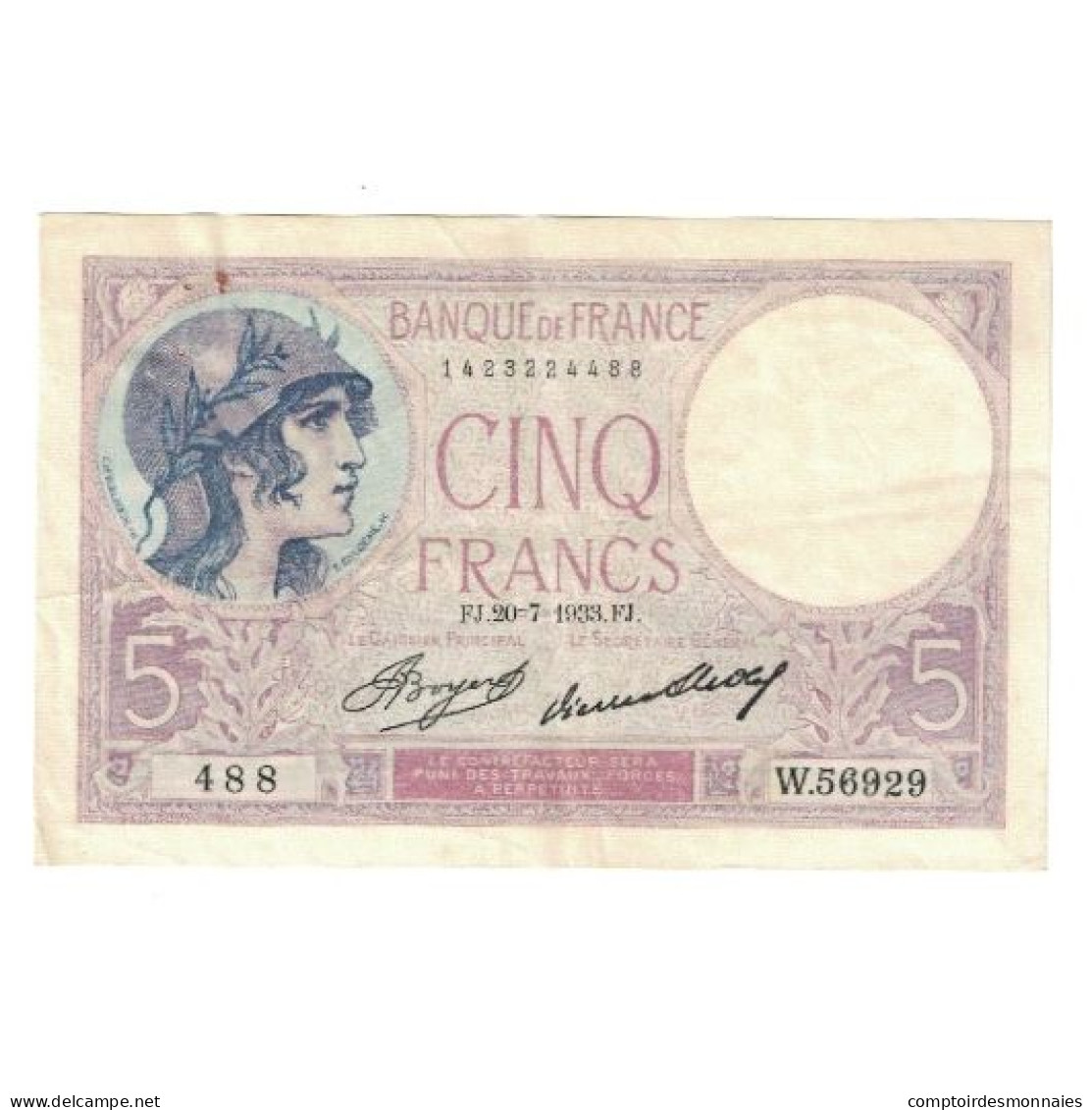 France, 5 Francs, Violet, 1933, W.56929, TTB+, Fayette:3.17, KM:72e - 5 F 1917-1940 ''Violet''