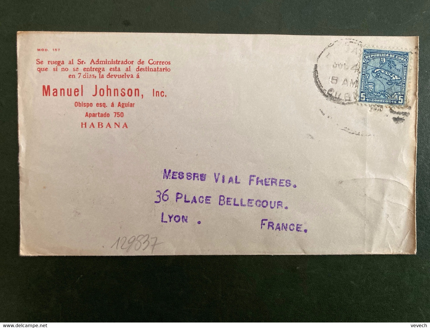 LETTRE TP 5c OBL.MEC. JUL 4 1915 HABANA + MANUEL JOHNSON - Briefe U. Dokumente