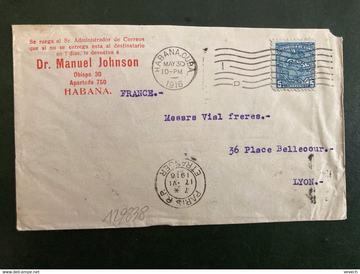 LETTRE TP 5c OBL.MEC. MAY 30 1916 HABANA + MANUEL JOHNSON + Arrivée OBL.MEC. BD SEUL 17 VI 1916 PARIS RP ETRANGER - Lettres & Documents