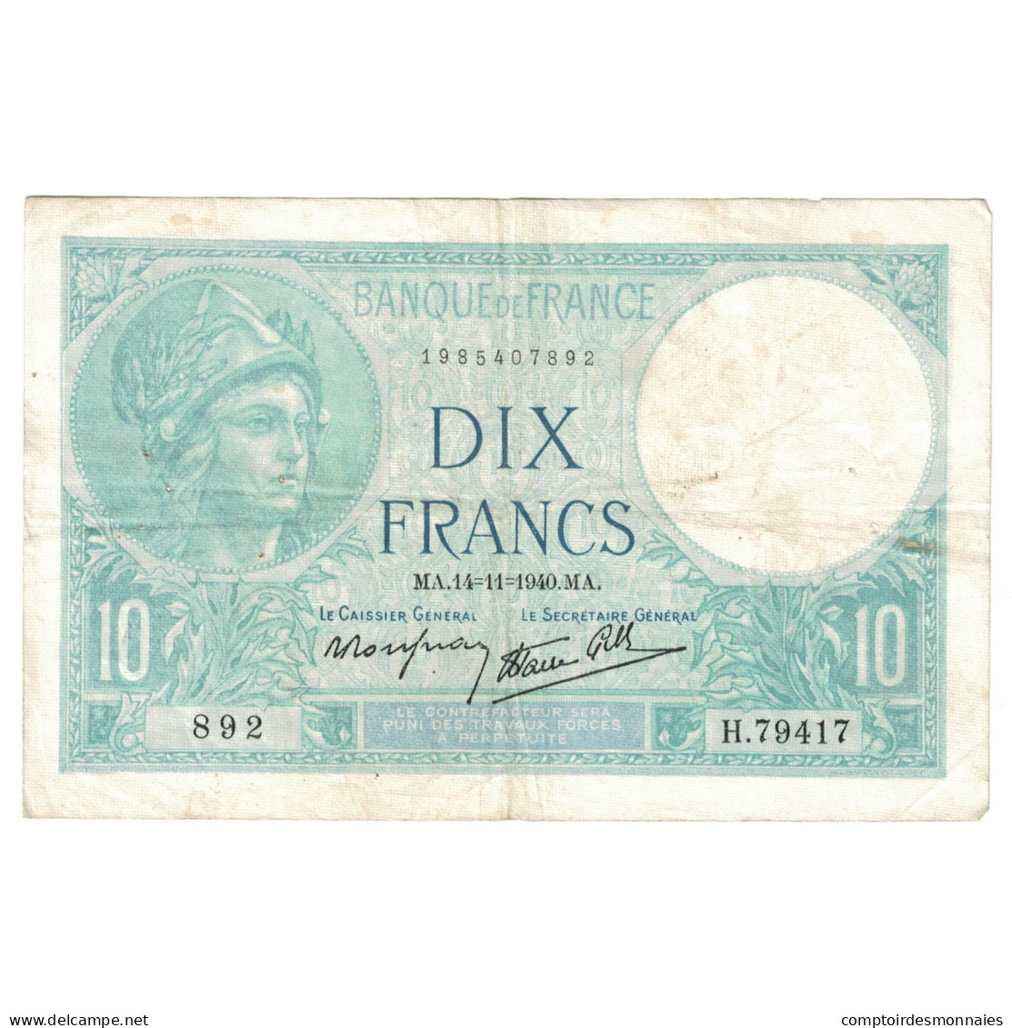 France, 10 Francs, Minerve, 1940, H.79417, TTB, Fayette:7.20, KM:84 - 10 F 1916-1942 ''Minerve''