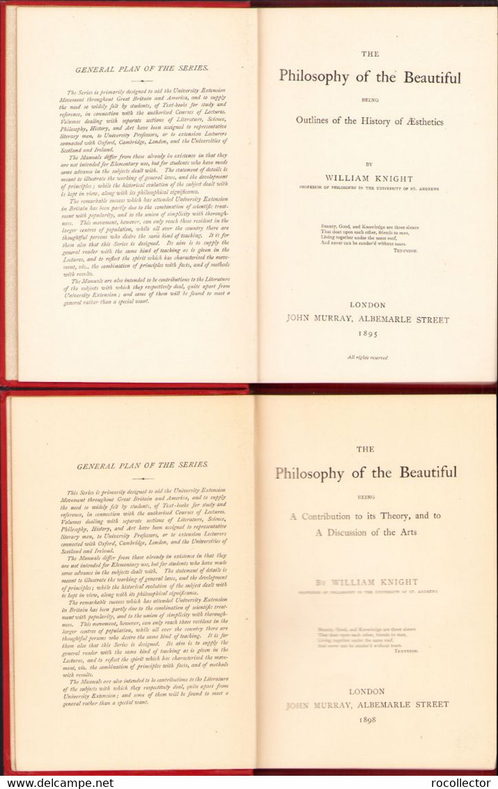 The Philosophy Of The Beautiful Volume 1+2 William Knight 1895-1898  DSB1 - 1850-1899